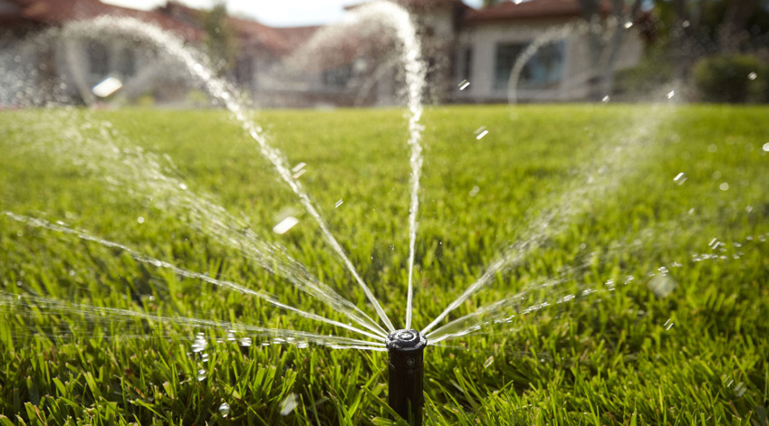 Sprinkle irrigation watering a lawn in Seattle