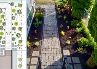 Landscape design plan overlaid on a Seattle residential yard