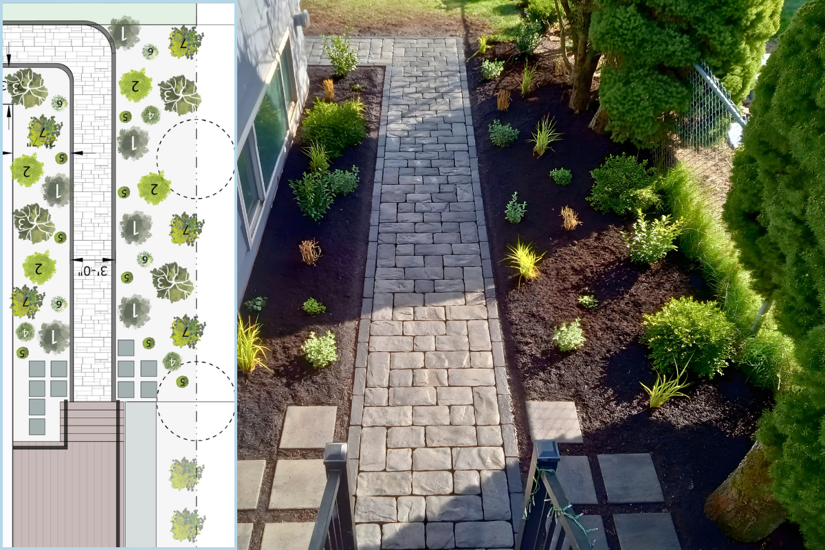Landscape design plan overlaid on a Seattle residential yard