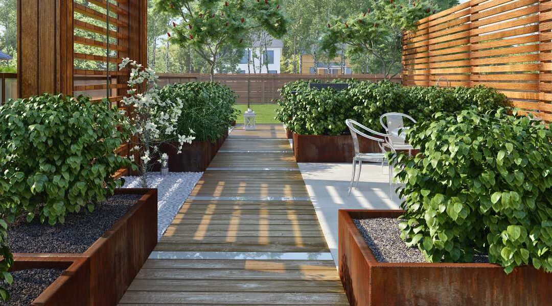 Corten Steel Planters in Seattle Landscape, showing Modern Structure with Natural Warmth