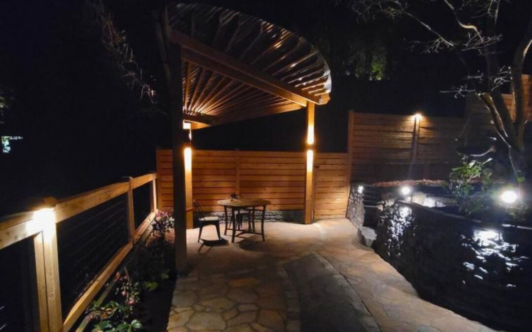 Pergola lighting in Seattle's backyard at night