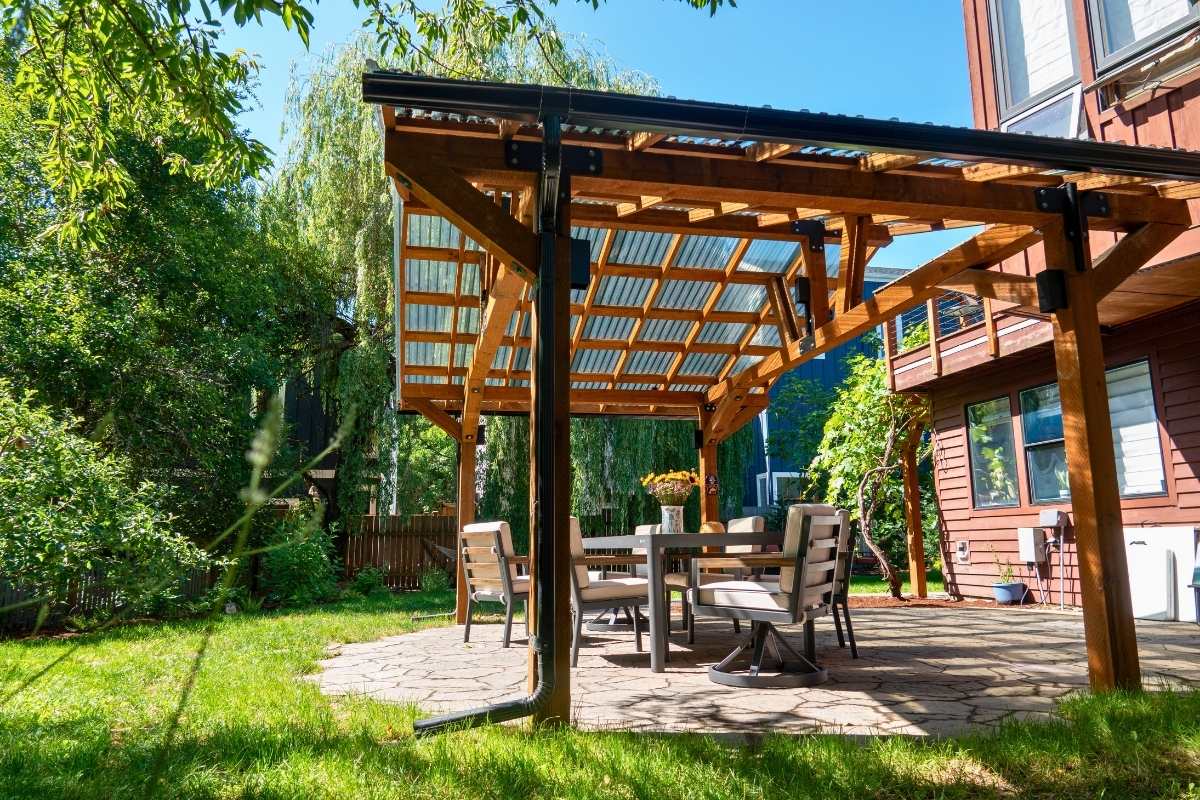 Covered patio with string lights and fire pit