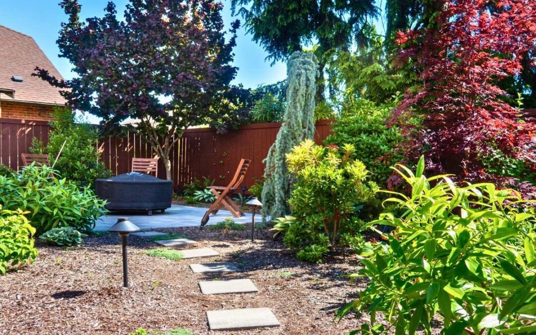 Native landscaping framing a seating area