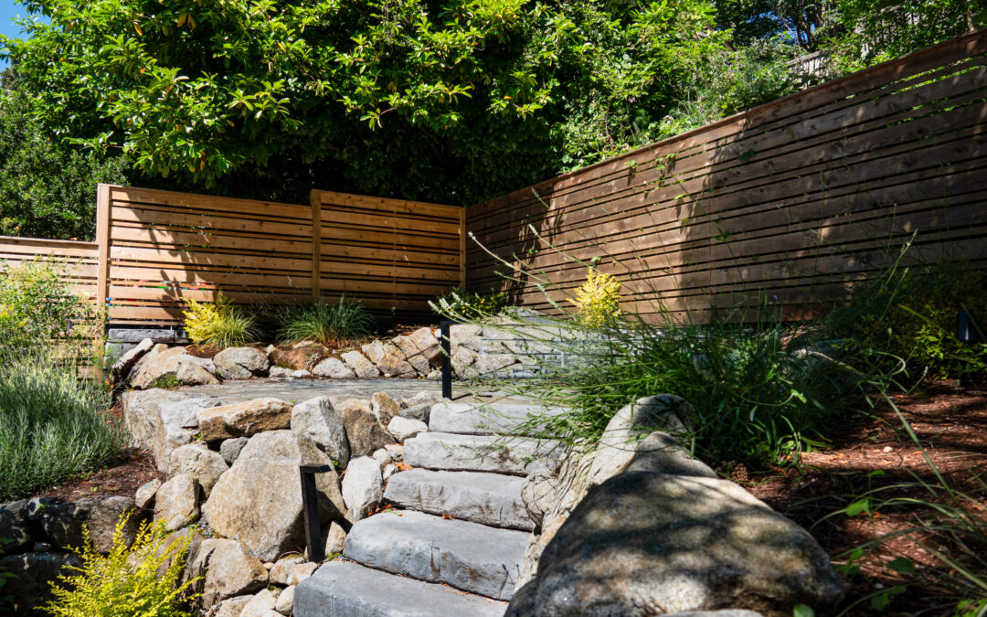 Cedar Fence in Seattle Garden, surrounded by plants and a stone patio