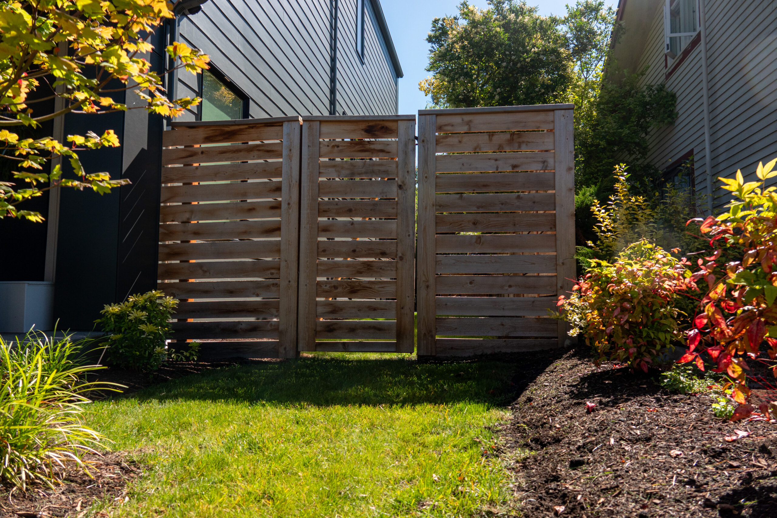 Wooden gate in a Seattle garden with plantings on both sides